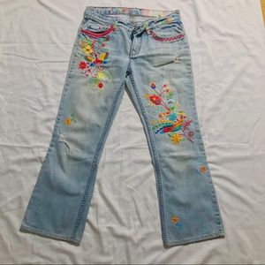 X2 Straight Distressed Jeans, Colorful Embroidery